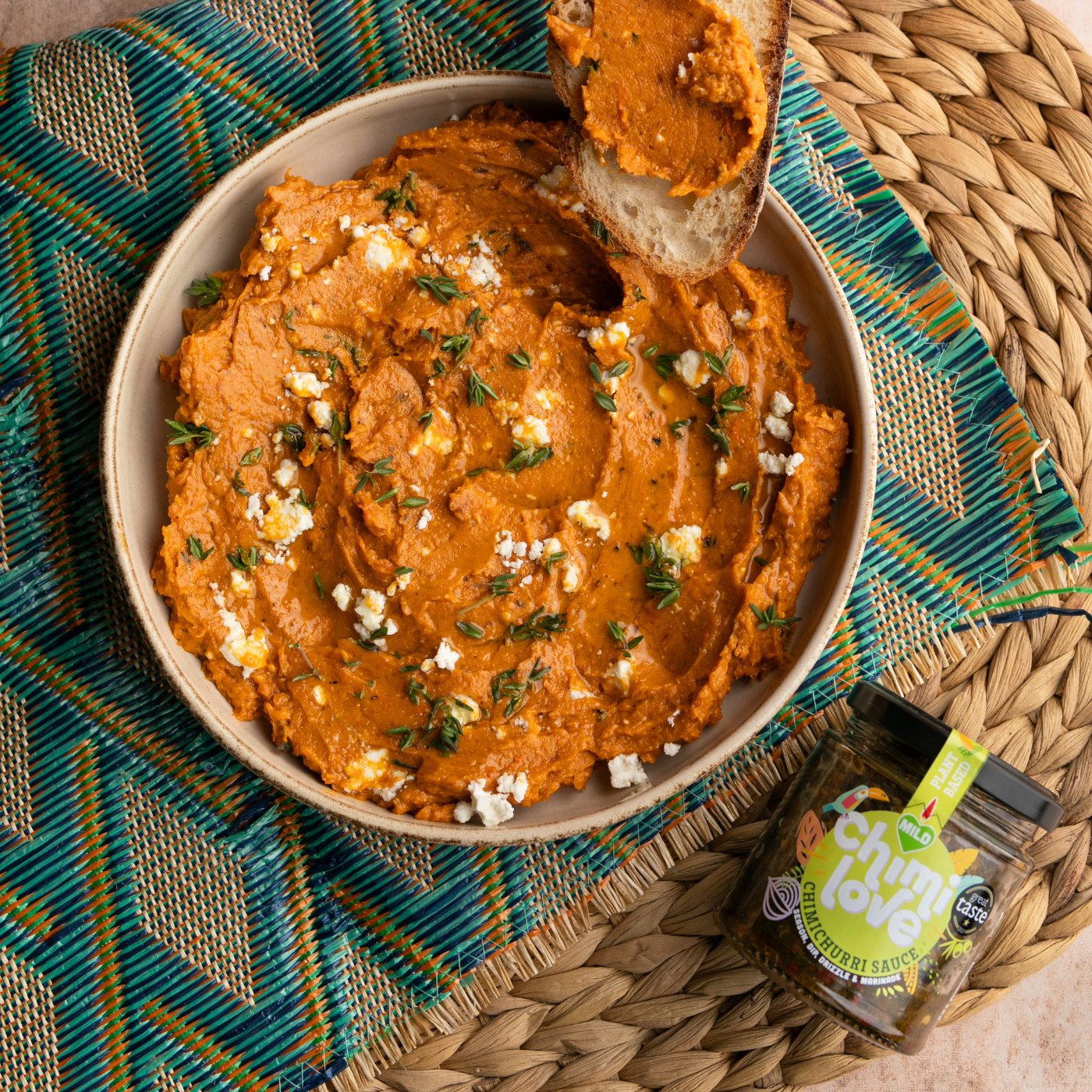 CREAMY BUTTERNUT SQUASH WITH CHIMICHURRI, GRILLED GARLIC & FETA
