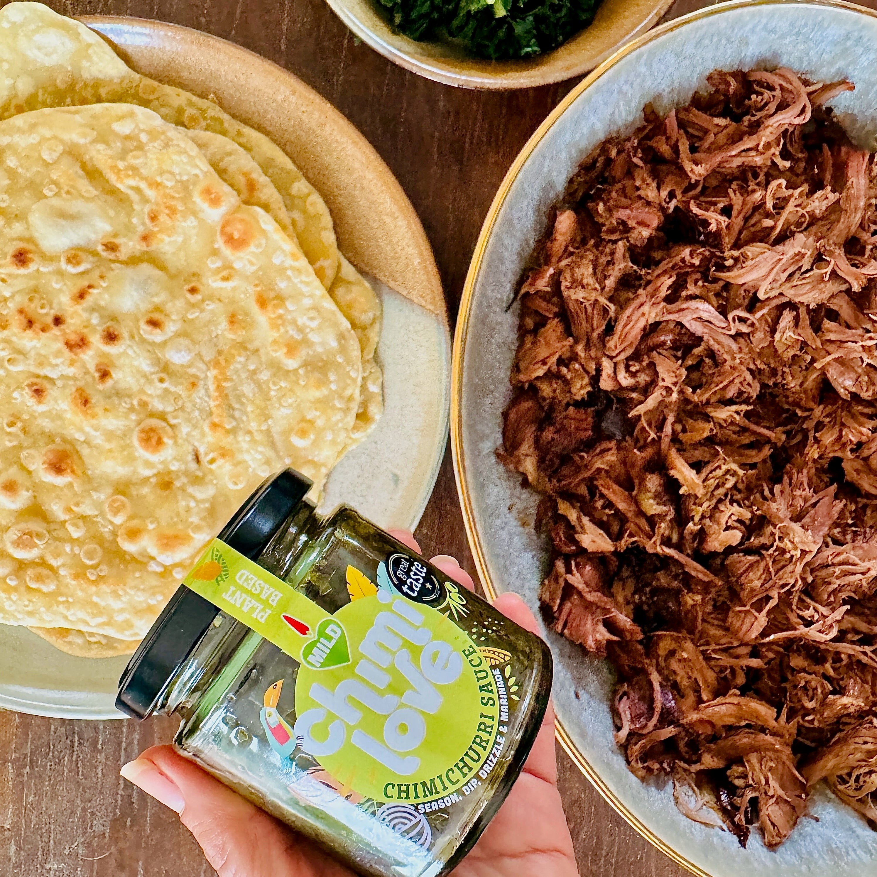 Slow cooked should of lamb with chimichurri, rosemary and garlic