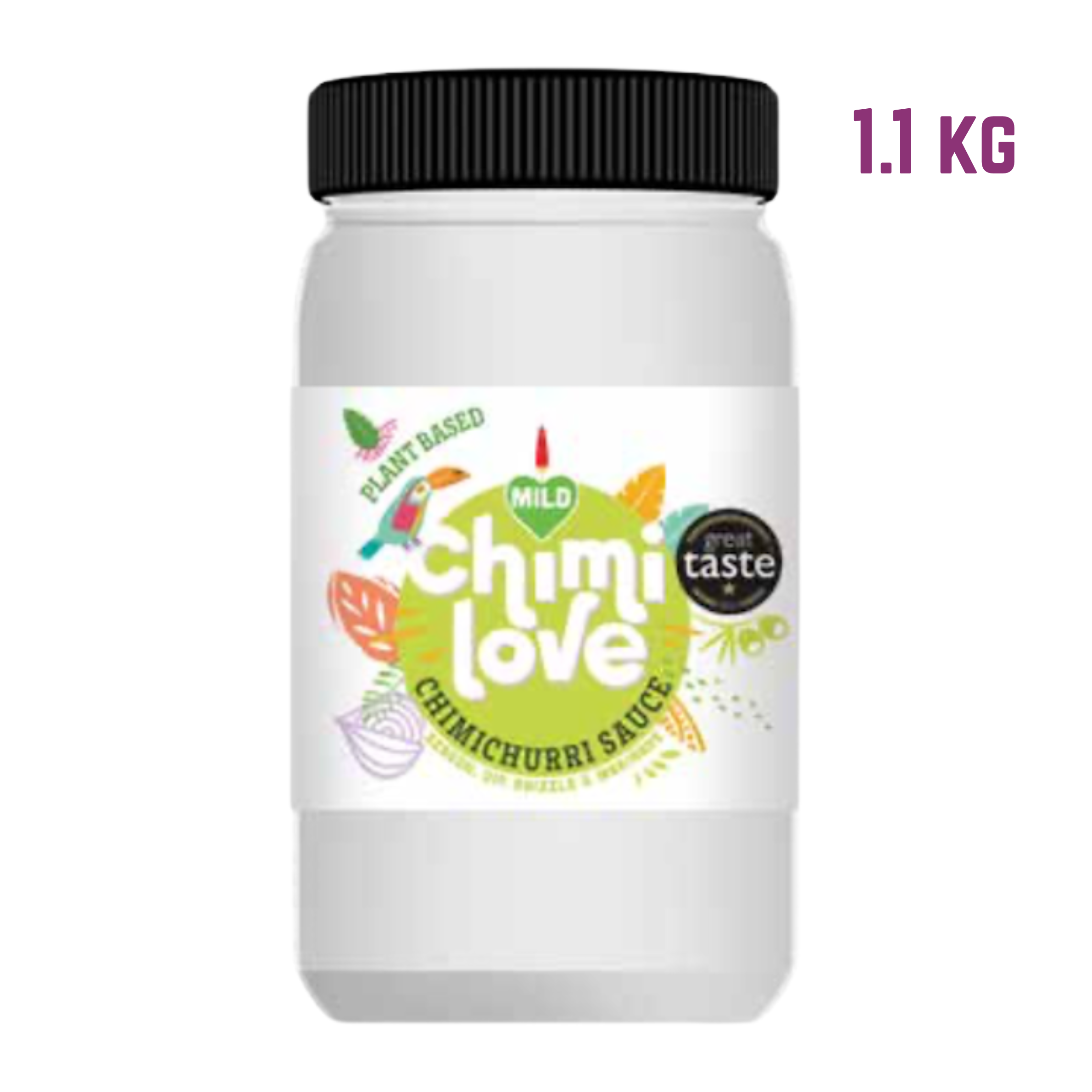 A tub of CHIMI MILD chimichurri sauce with a white label featuring green and red text, and images of herbs and a chili pepper.