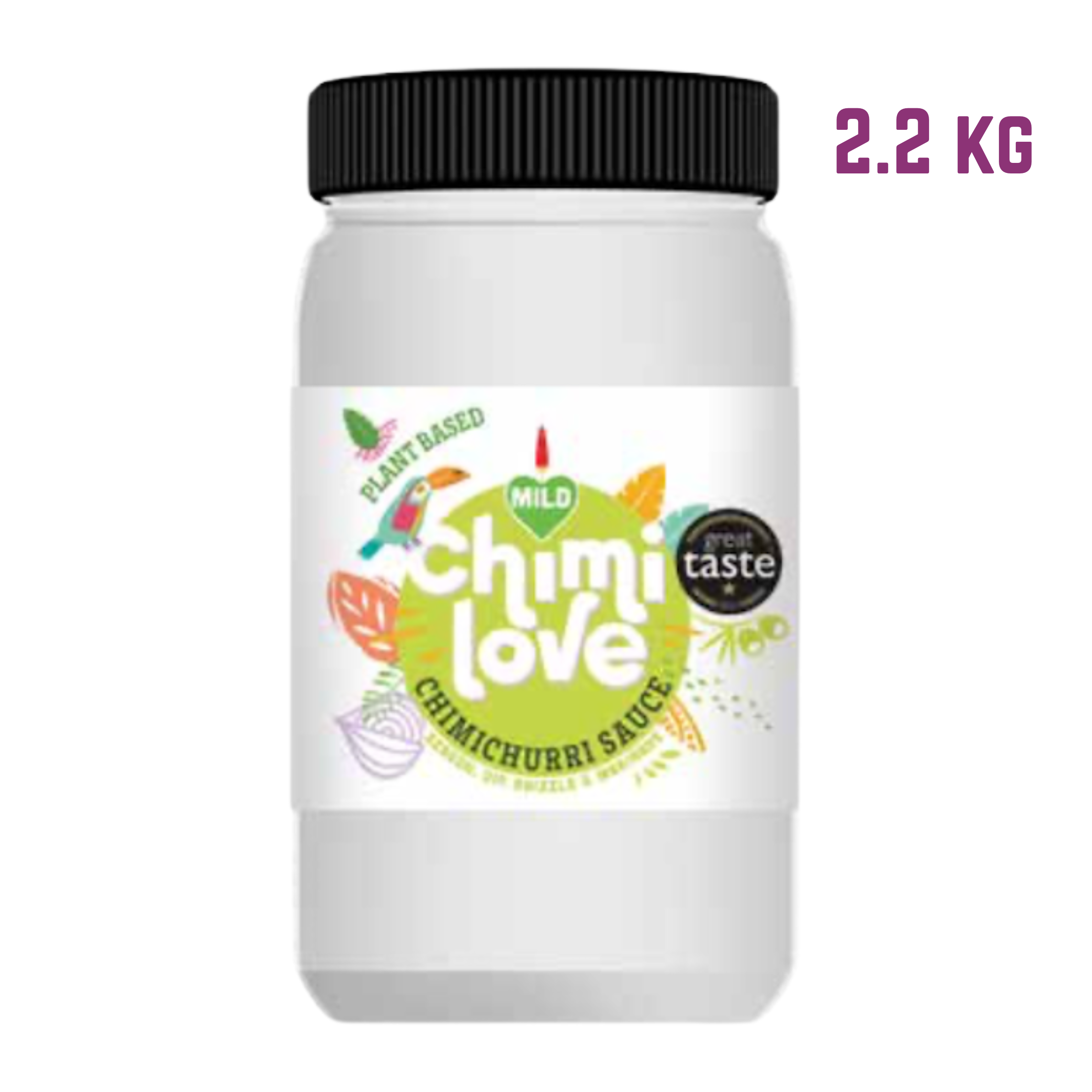 A tub of CHIMI MILD chimichurri sauce with a white label featuring green and red text, and images of herbs and a chili pepper.