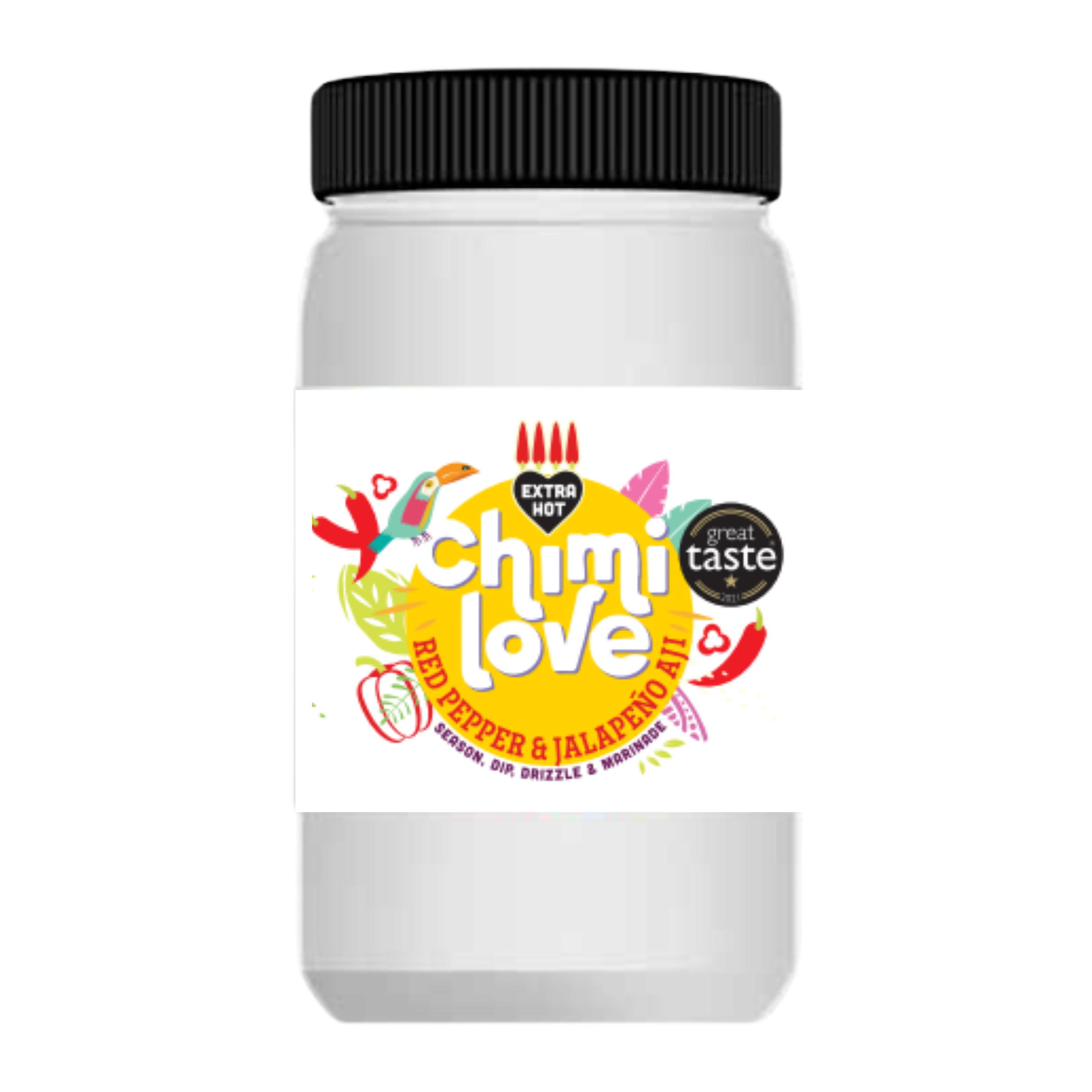 A tub of Chimi Love hot sauce with a white background and colorful label featuring illustrations of chili peppers and a bird.