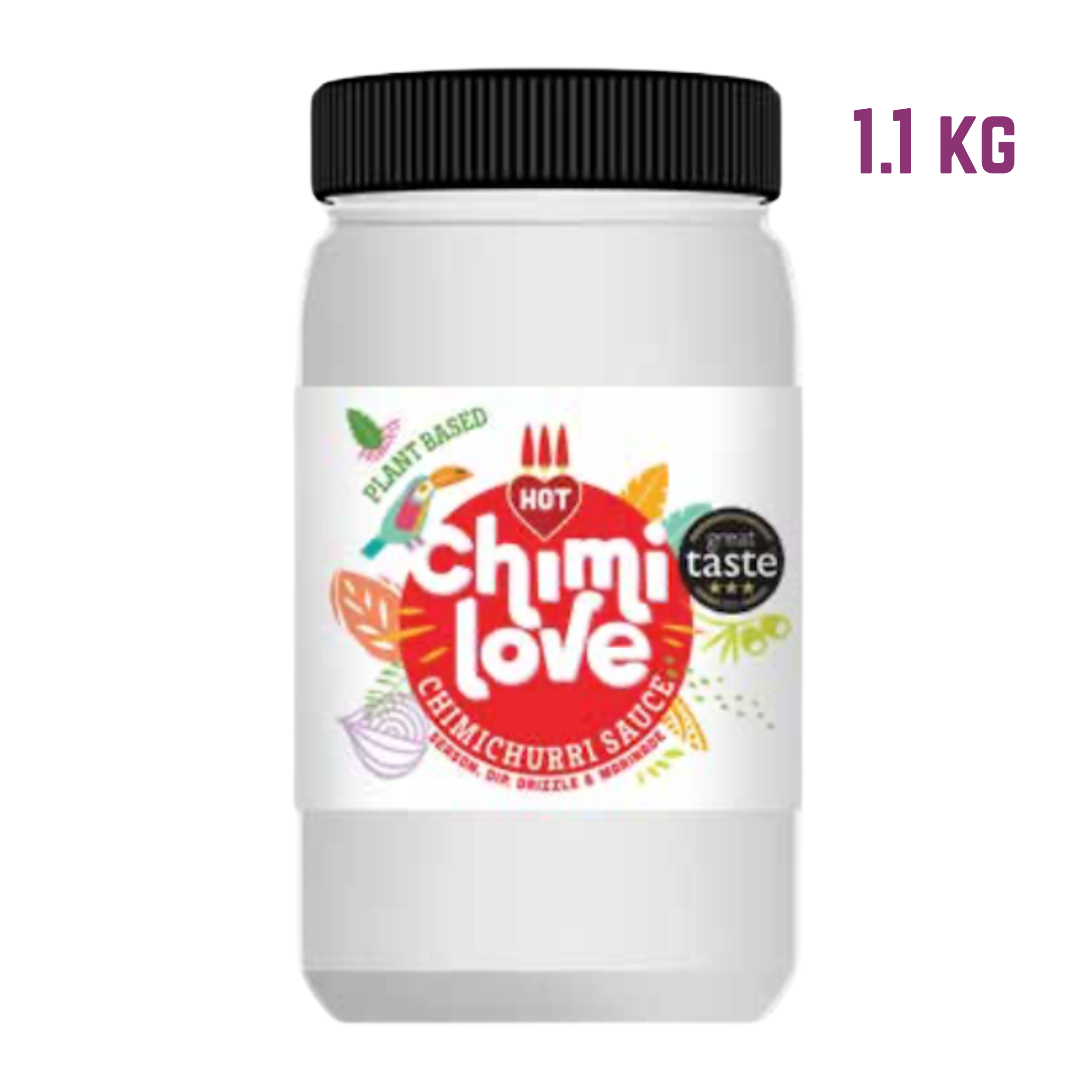 A tub of Chimichurri Hot sauce with the brand name and product name displayed on the label.
