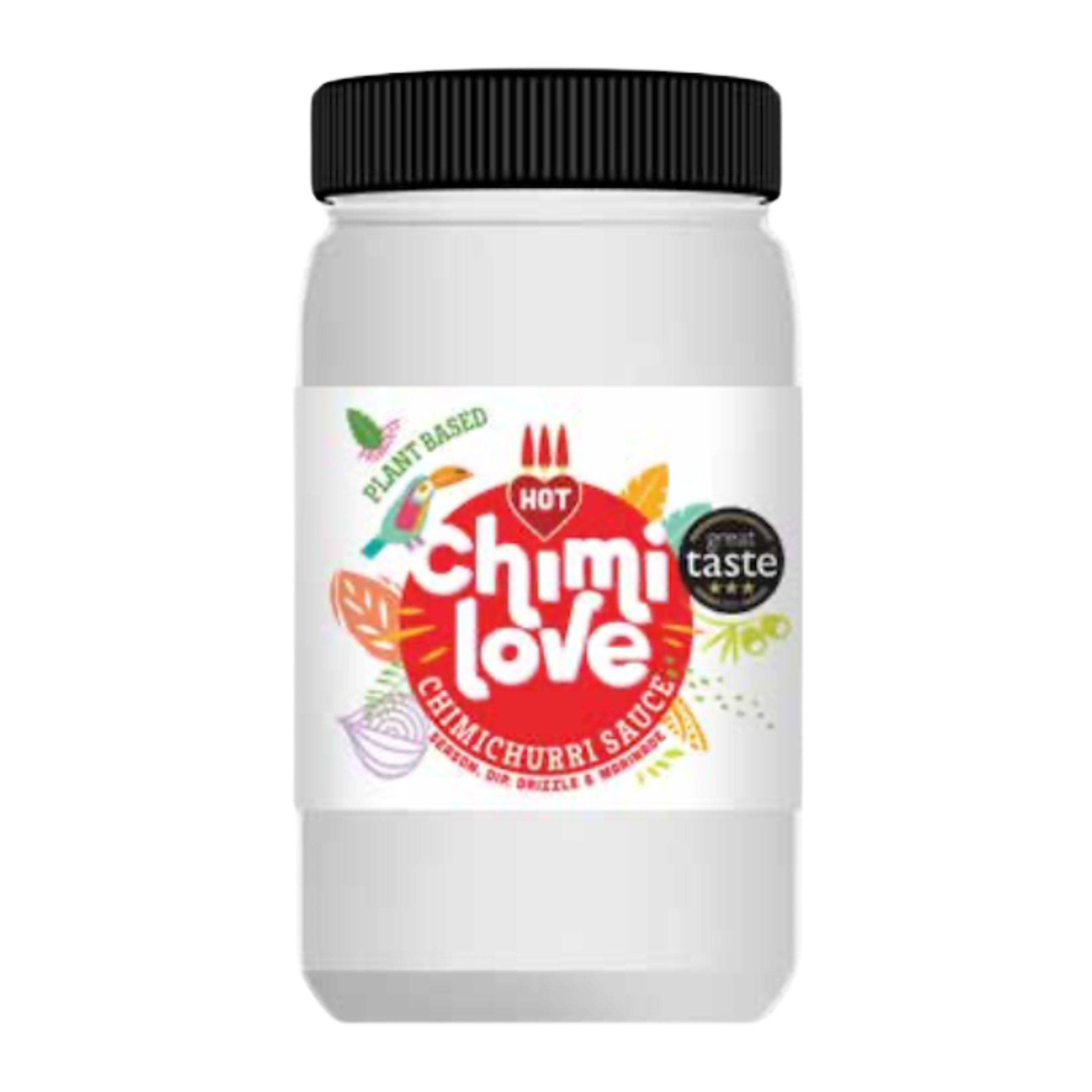 A tub of Chimichurri Hot sauce with the brand name and product name displayed on the label.