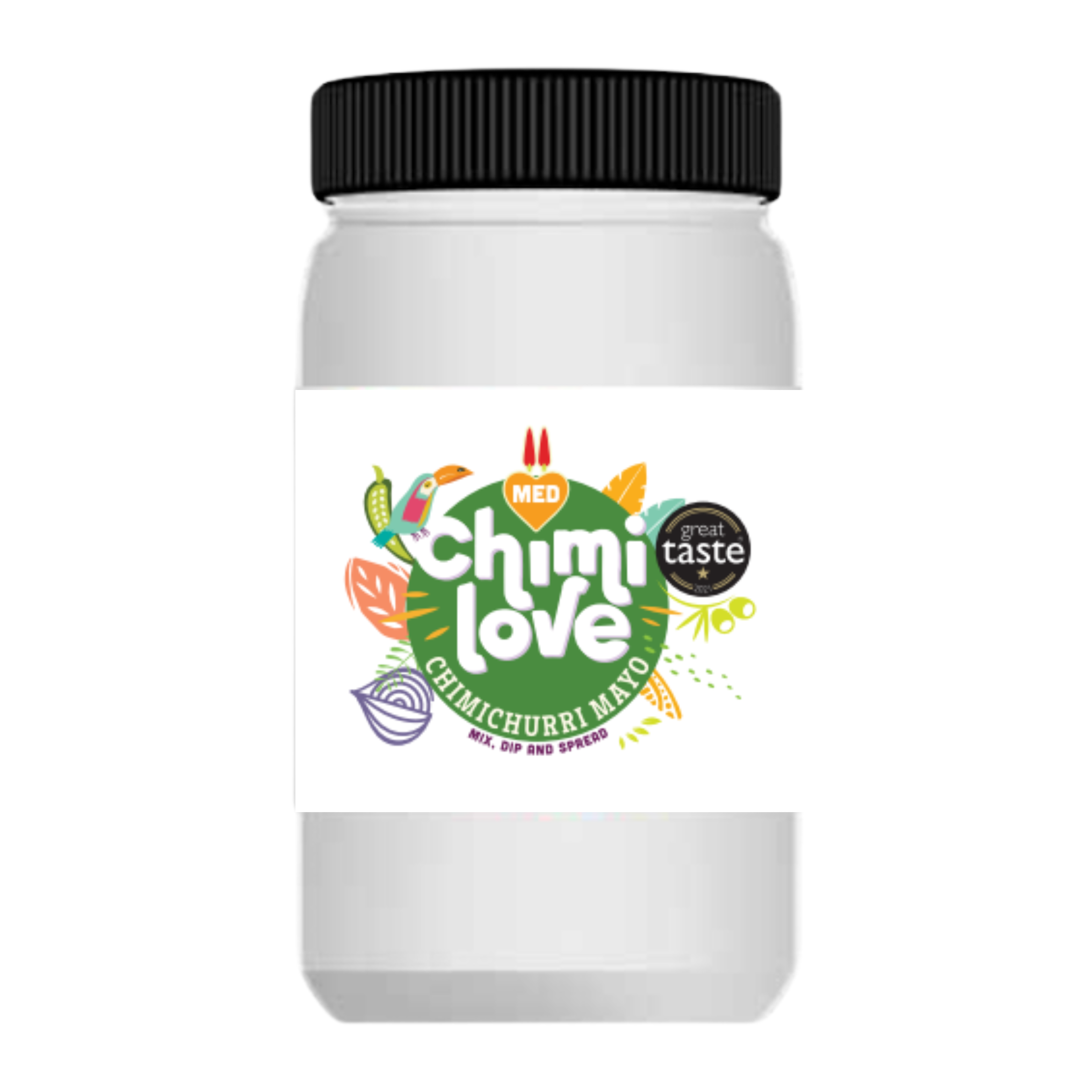 A tub of Chimichurri Mayo food service sauce with the label showing the brand 'Chimi Love' and indicating a creamy texture with a 'Great Taste' award logo.