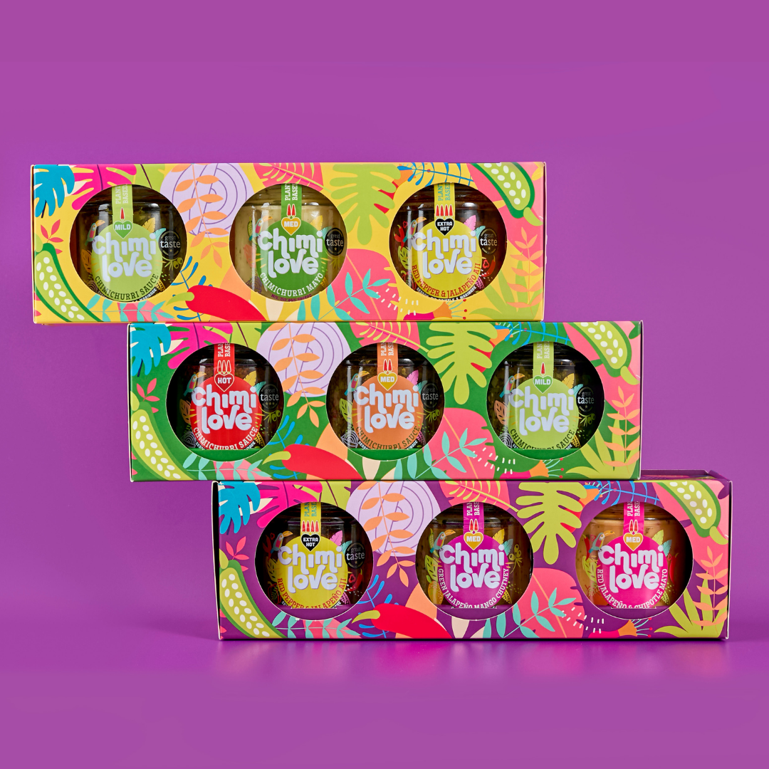 Colorful 'Chimi Love' product packaging on a purple background