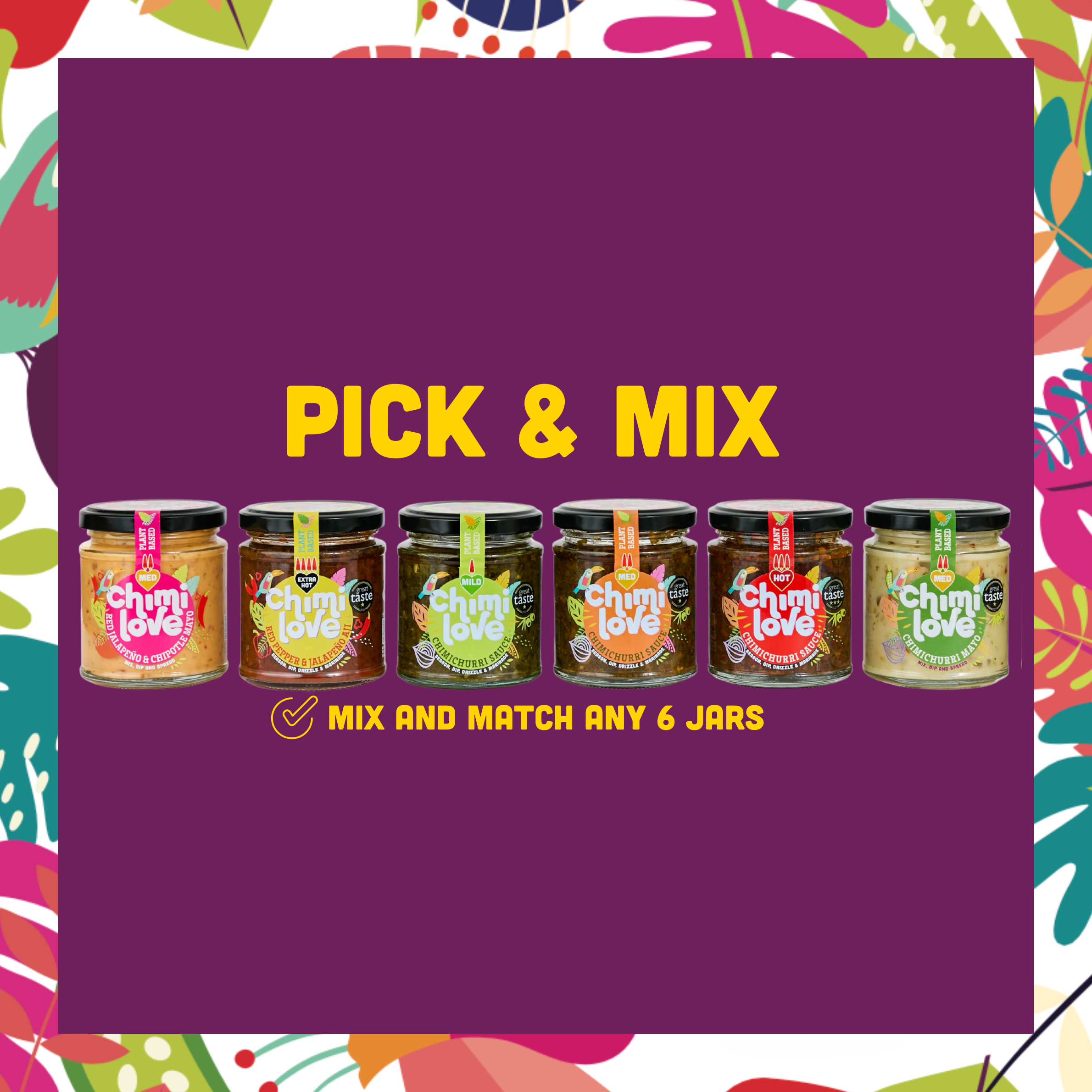 Promotional graphic for Chimi Love pick and mix jars with a colorful border.