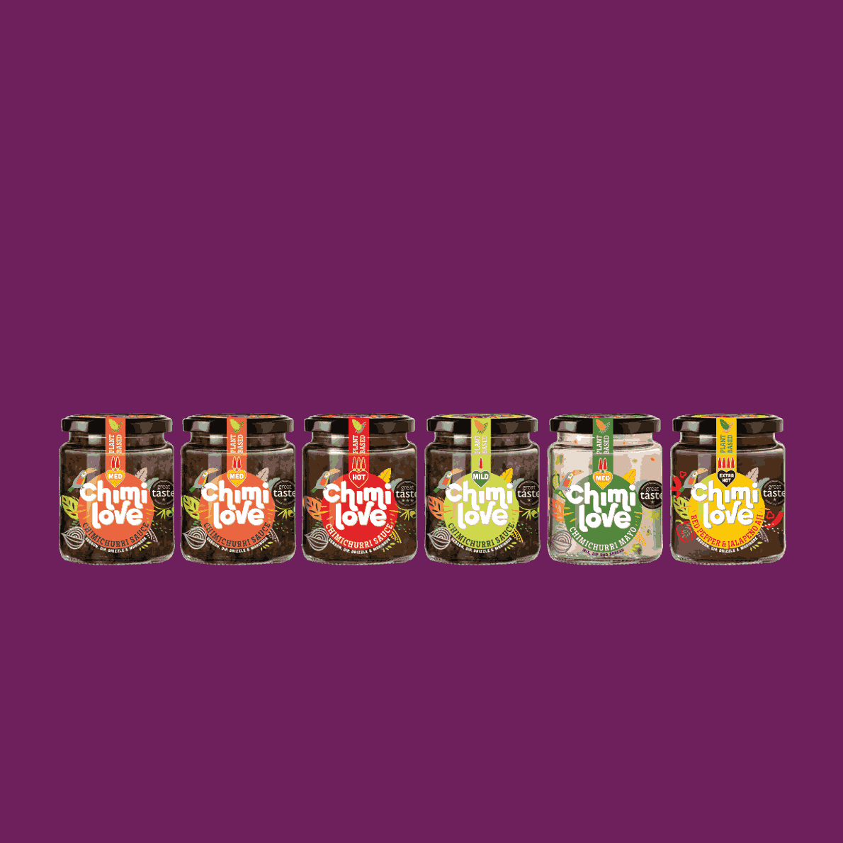 Row of Chimmi Love jars on a purple background