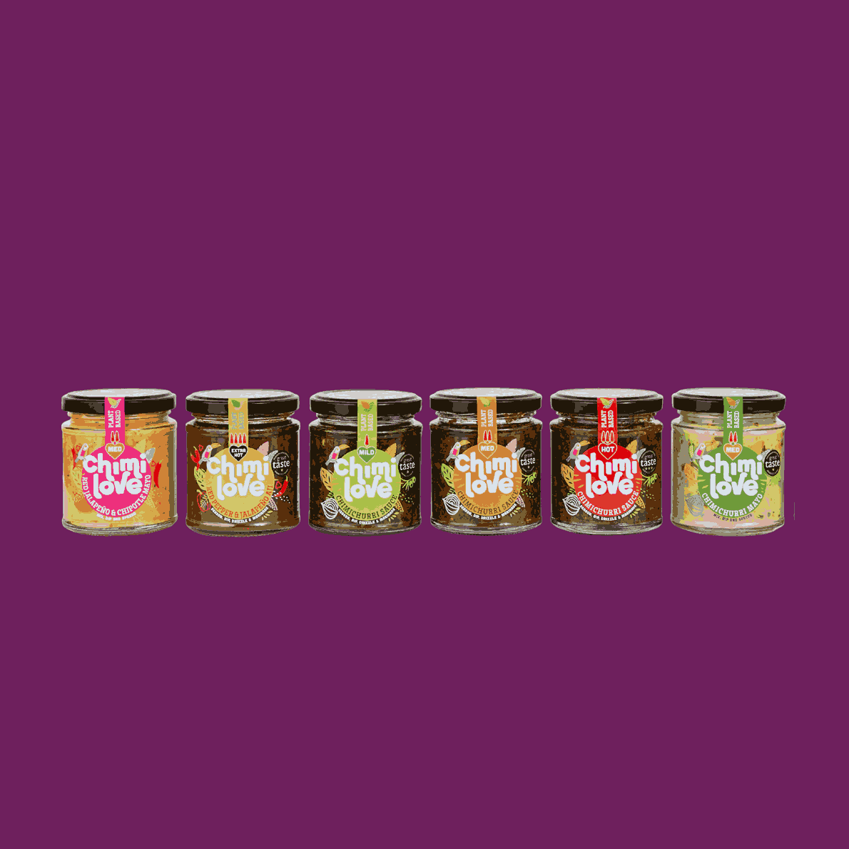 Seven jars of 'Chimi Love' on a purple background