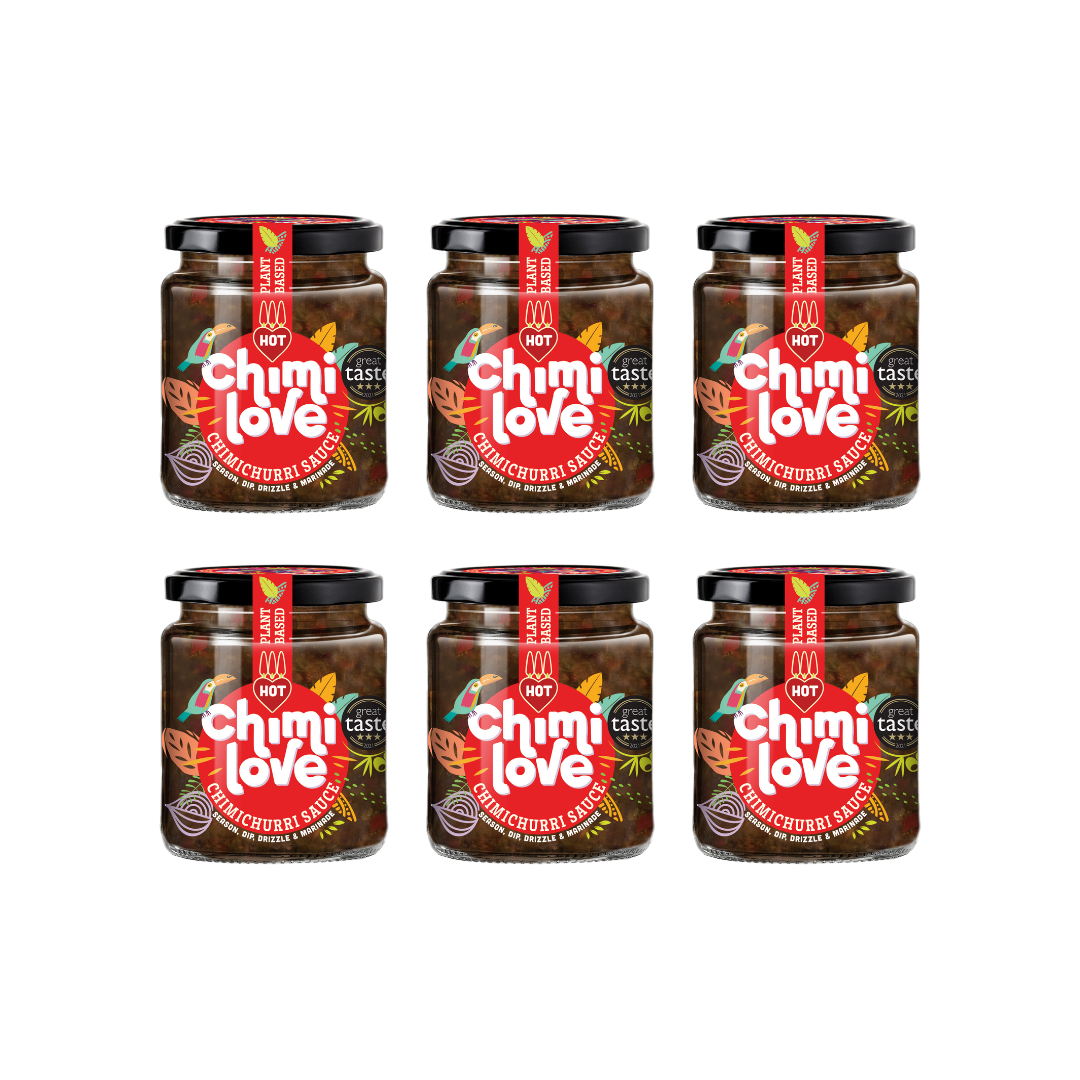 Six jars of Chimi Love Hot Chimichurri Sauce
