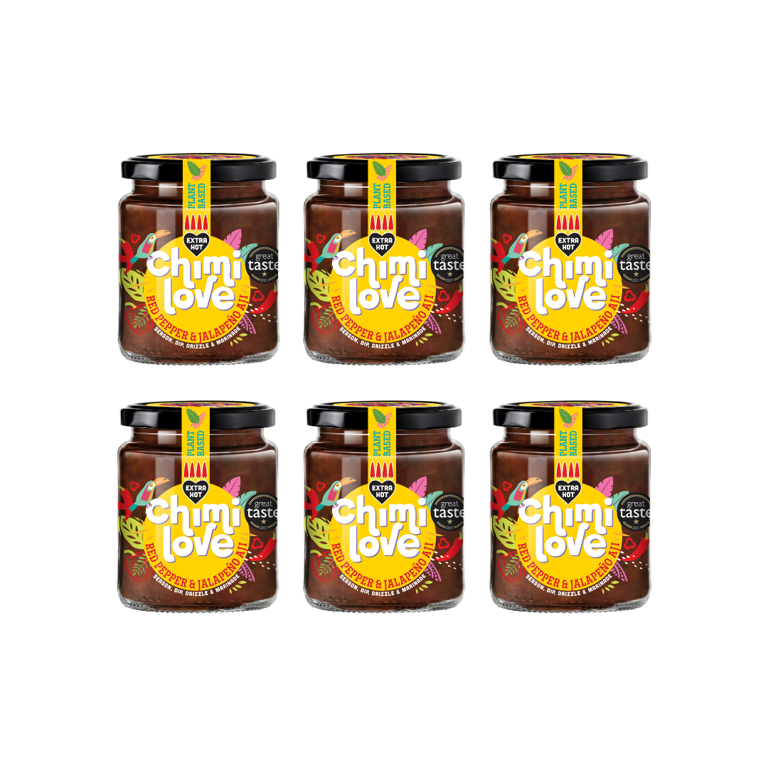 Six jars of Chimi Love hot pepper and chilli paste on a white background