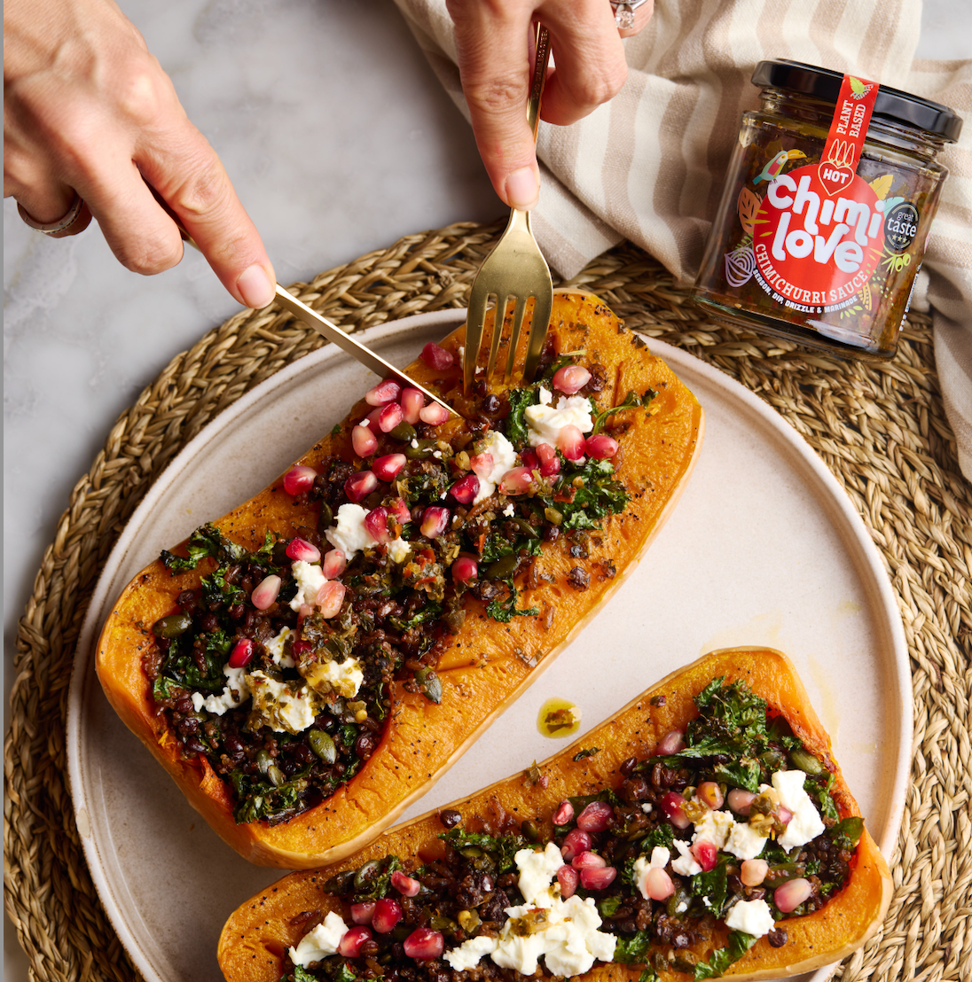 Chimichurri roasted butternut squash with grains and feta