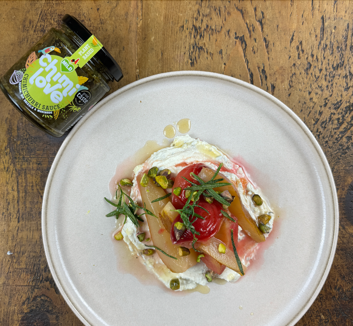 Poached pears and plumbs with ricotta and chimichurri