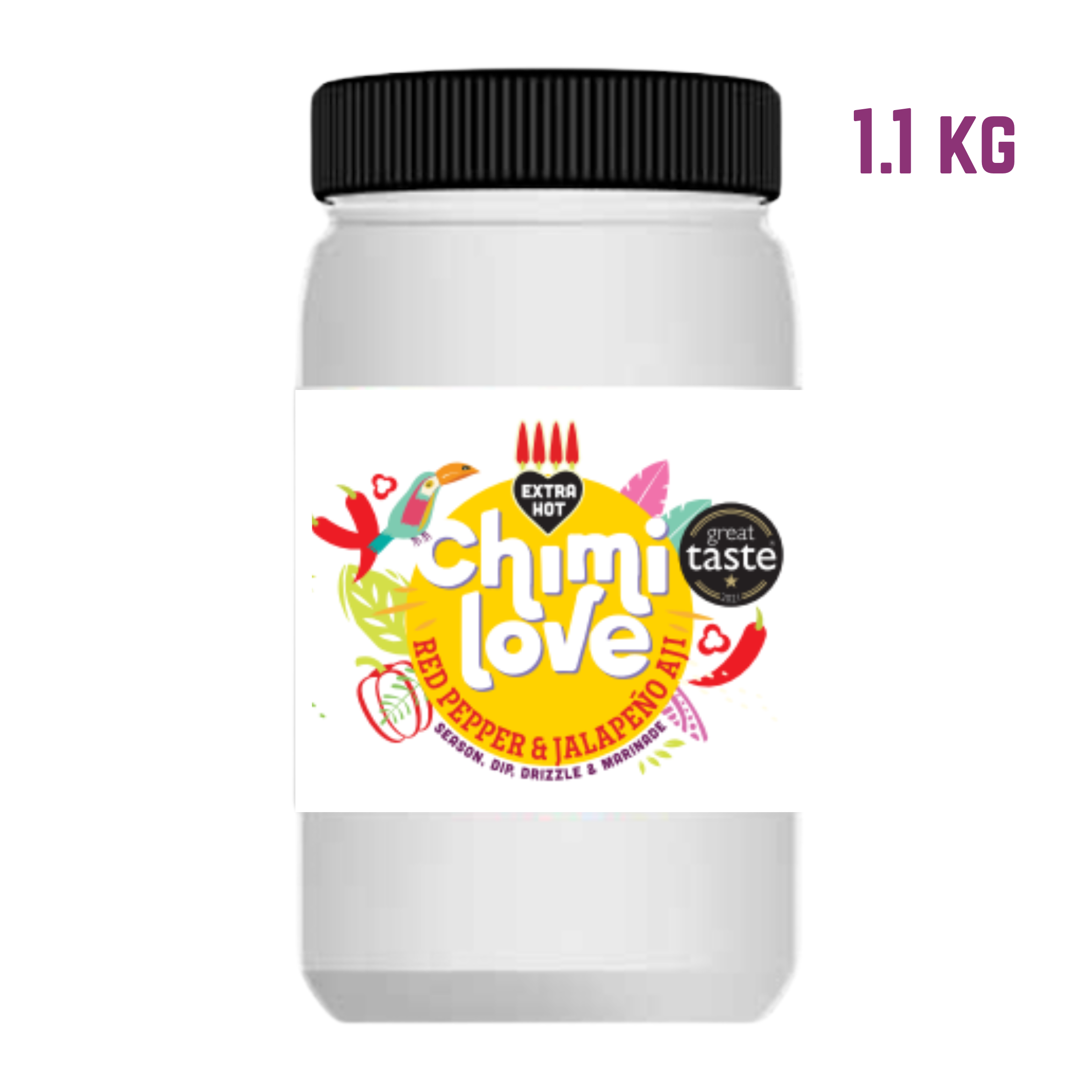 A 1.1kg tub of Chimi Love hot sauce with a white background and colorful label featuring illustrations of chili peppers and a bird.