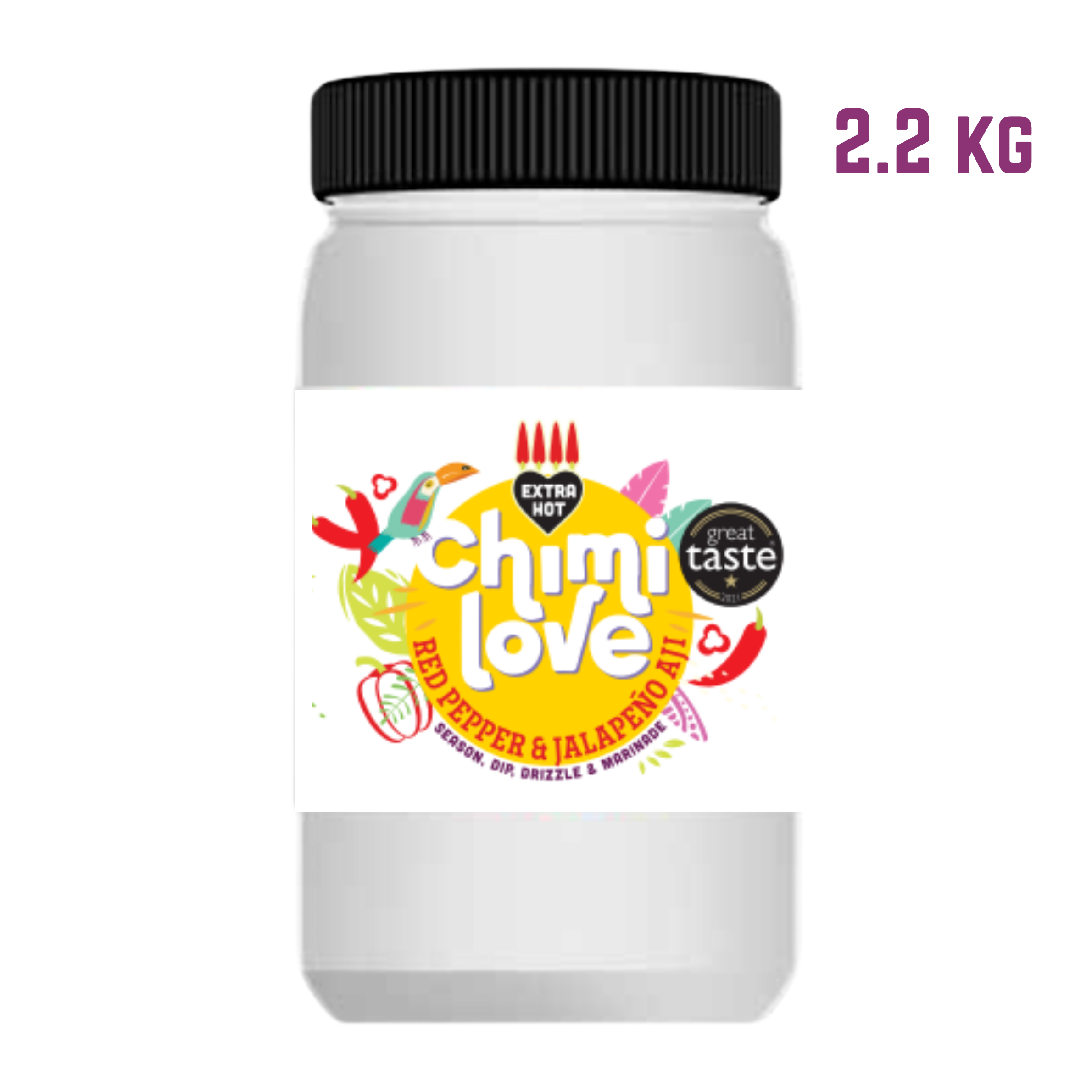 A 2.2 kg tub of Chimi Love hot sauce with a white background and colorful label. 