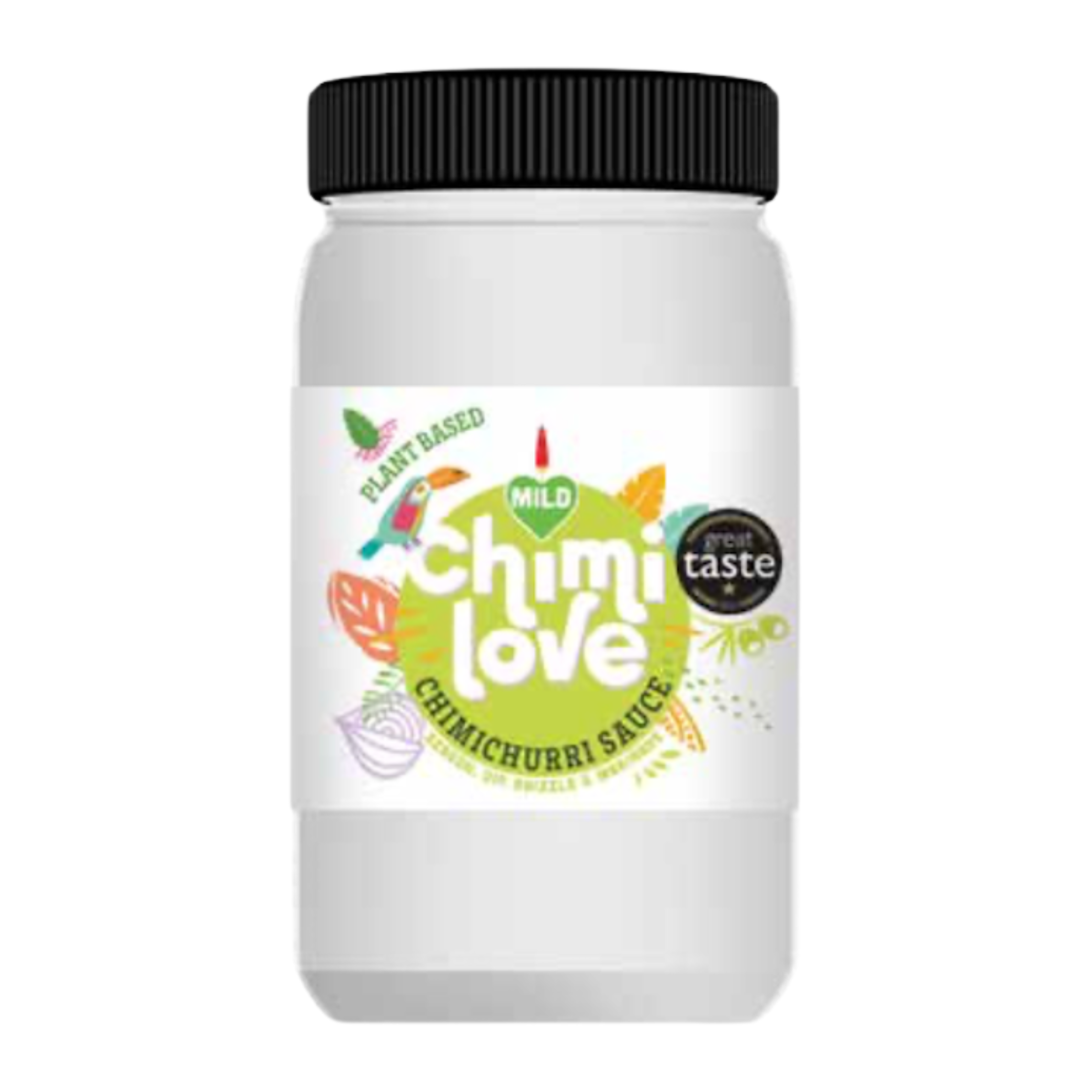 A tub of CHIMI MILD chimichurri sauce with a white label featuring green and red text, and images of herbs and a chili pepper.