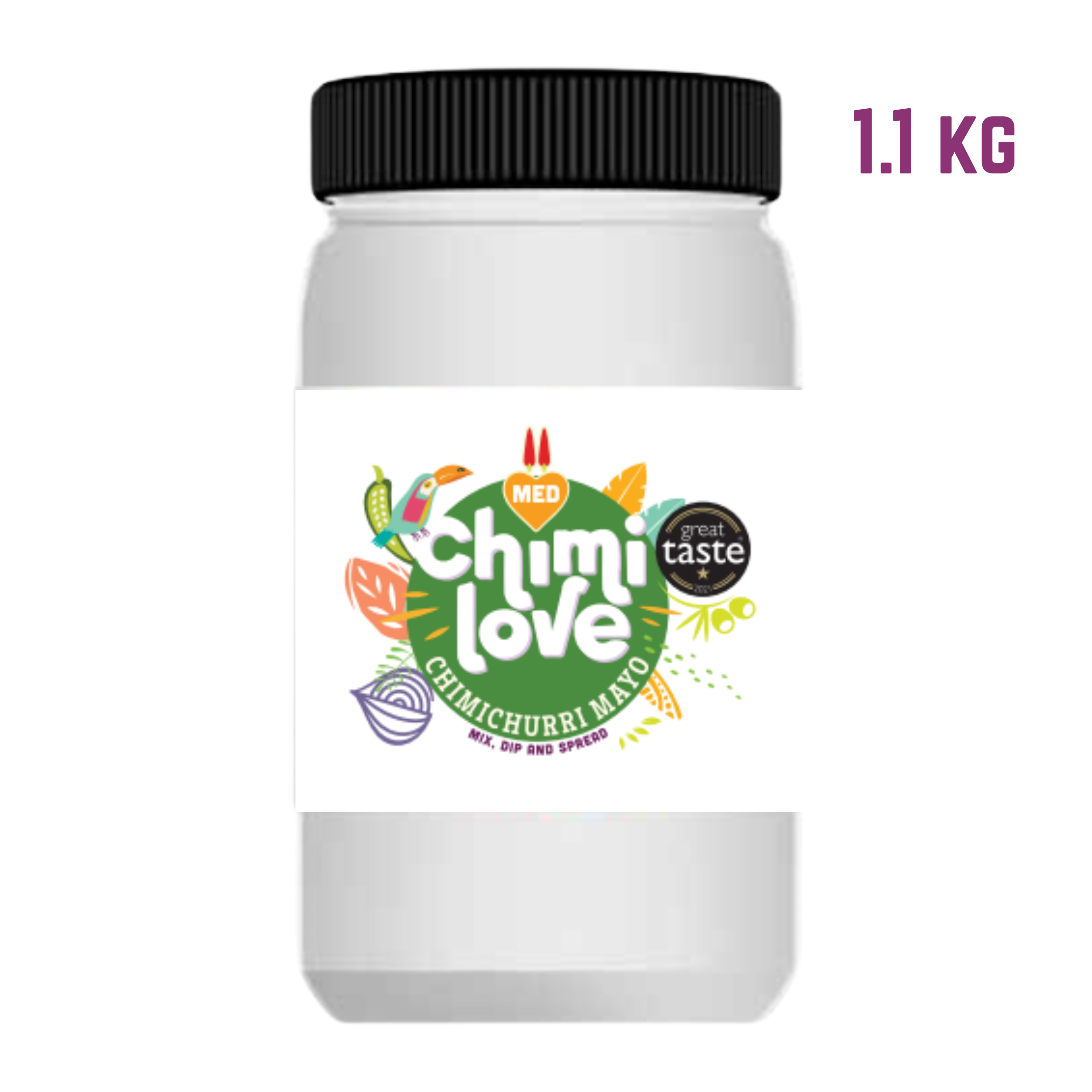 A tub of Chimichurri & Mayo food service sauce with the label showing the brand 'Chimi Love' and indicating a creamy texture with a 'Great Taste' award logo.