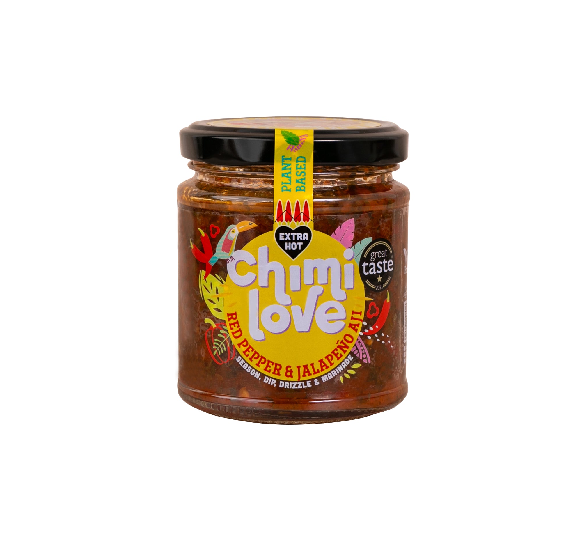 A jar of Chimi Love South American Aji Sauce with red pepper and red jalapeno