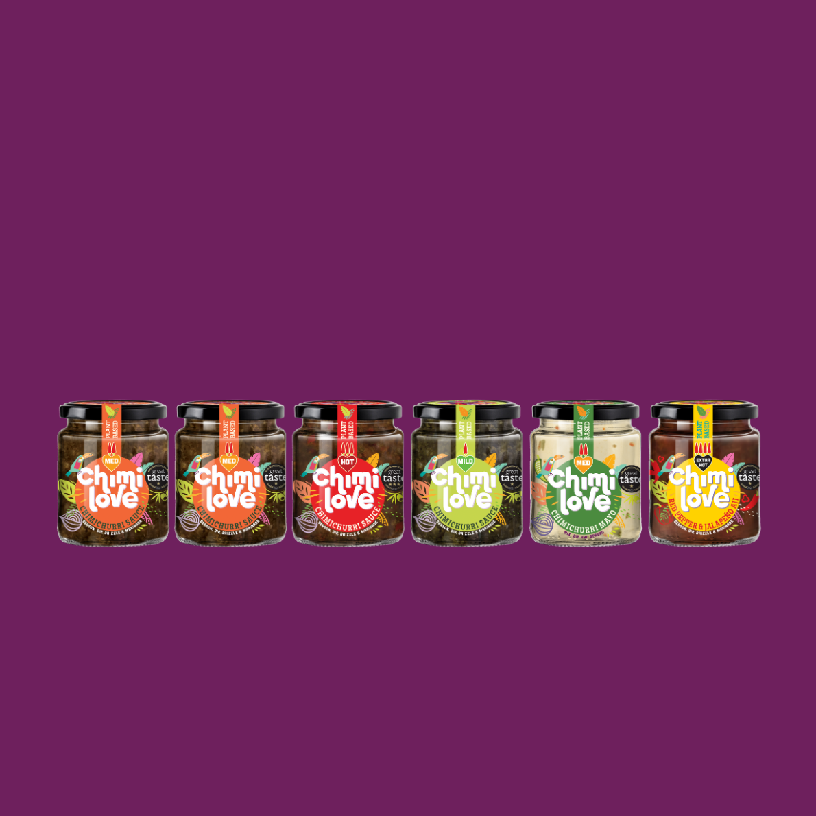 Row of Chimmi Love jars on a purple background