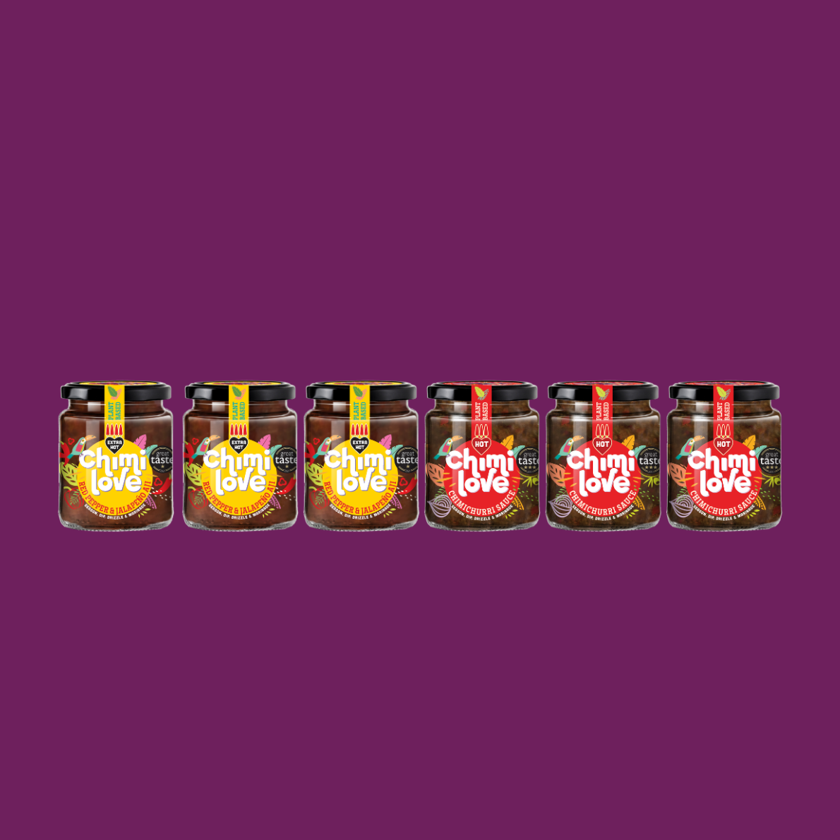 Seven jars of Chimi Love on a purple background