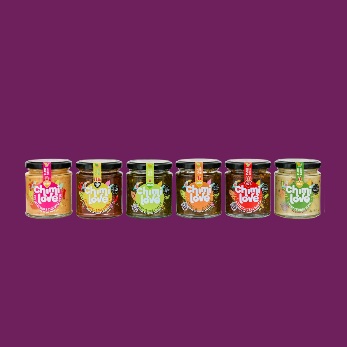 Seven jars of 'Chimi Love' on a purple background