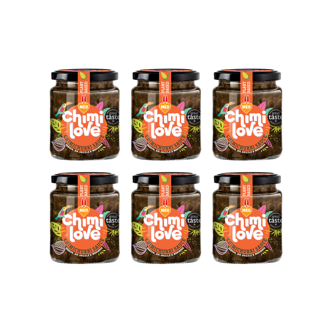 Six jars of Chimi Love sauce on a white background