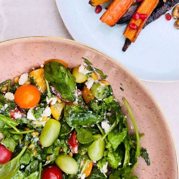 fresh salad and roasted vegetables with Chimi Love Mild Chimichurri Sauce.